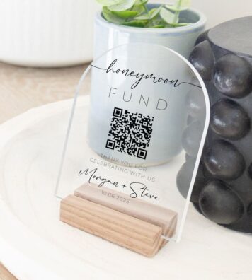 Clear Acrylic Honeymoon Fund Sign _ Vertical Olivia - 8x10 _ Blonde Stand Clear Acrylic Honeymoon Fund Sign _ Vertical Olivia - 8x10 _ Blonde Stand